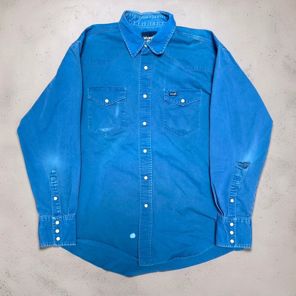 Wrangler Mens XL Blue Western Pearl Snap Shirt Cowboy Long Sleeve Cotton